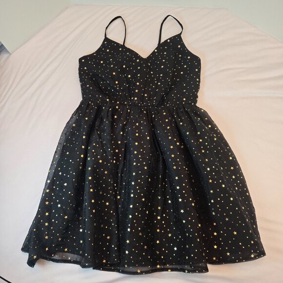 ALLEGRA K Party Metallic Stars Mini Dress/ Spaghetti Strap Sz: L Black/Gold - Picture 6 of 15